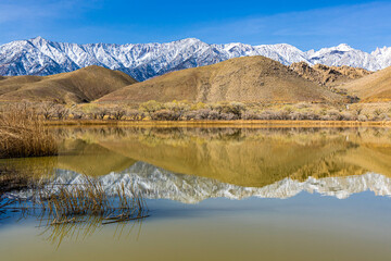 Fototapeta premium Reflections of The Foothills and Pier With The Sierra Nevada Mountain Range on Diaz Lake, Lone Pine, California, USA