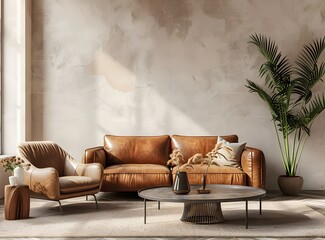 Modern living room interior with a brown leather sofa, armchair and coffee table near a beige wall mock up in the style of boho home design