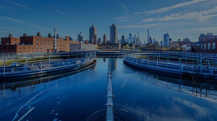 Fototapeta premium A water treatment plant with large circular tanks and long pipes, surrounded by city buildings in the background. 