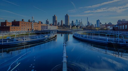 A water treatment plant with large circular tanks and long pipes, surrounded by city buildings in the background.
