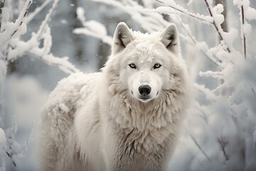 Serene white wolf amidst snow-covered branches in a winter forest scene