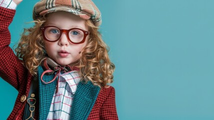 Back to school concept. Young red-haired girl with freckles wearing glasses and a blue suit, adjusting her glasses, set against a light blue background.