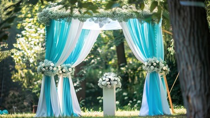 This is a picture of a wedding backdrop with blue curtains and white flowers.

