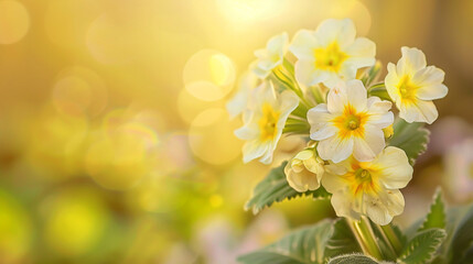 Spring forest flowers primroses on beautiful soft gold
