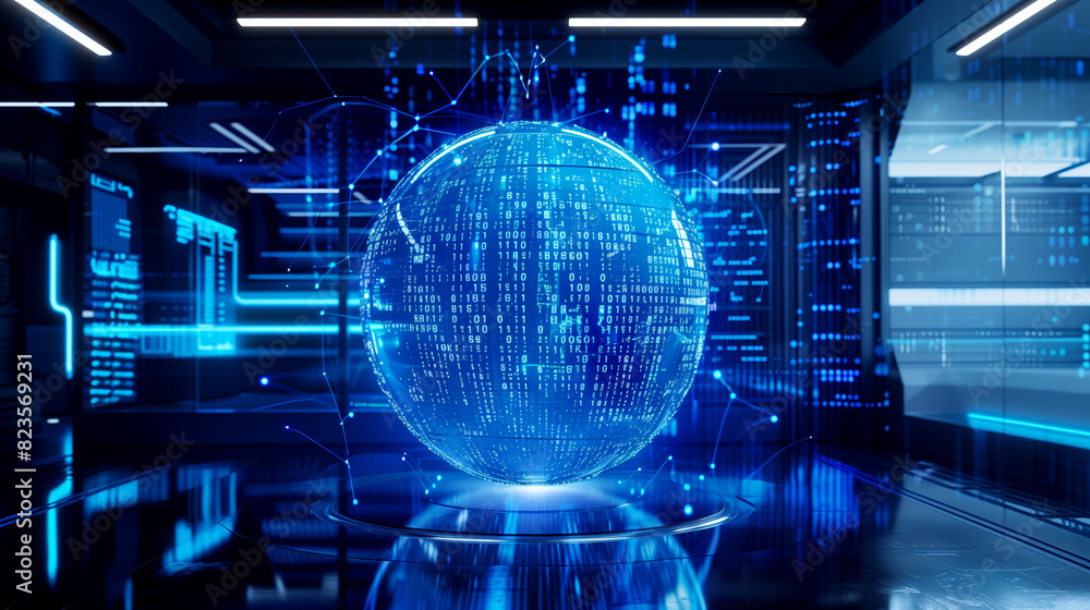 Poster futuristic digital technology background with a virtual sphere of binary codes in a futuristic techn