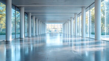 A wide shot of an empty modern office building with large windows and polished concrete floors, white columns along the wall.
