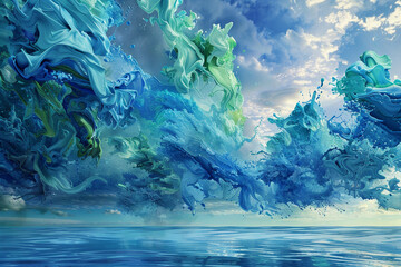 A serene landscape of thick, swirling clouds made entirely of blue and green oil paint splashes, resembling a stormy sky over a calm sea.