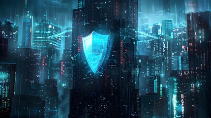 Powerful IT Security Platform with Titanium Shield and Pulsing Blue Energy Backdrop of Futuristic Cityscape