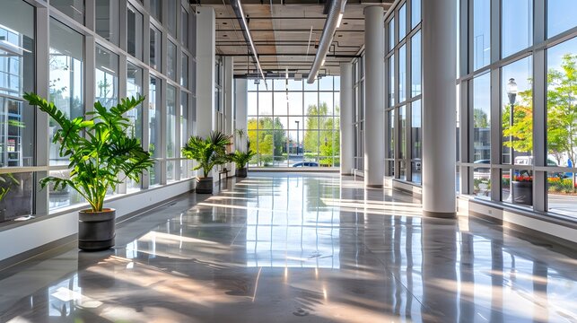 A wide shot of an empty modern office building with large windows and polished concrete floors, white columns along the wall.
