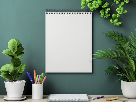 Blank white calendar mockup hanging on a wall with colorful markers nearby