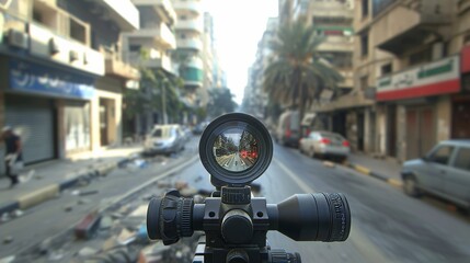Sniper rifle scope view of a distant urban street scene, with blurred cityscape and scattered debris, highlighting tension and focus.
