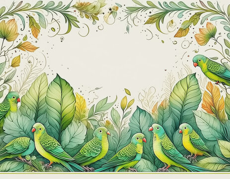 Border of Green and Yellow Parakeets Illustration AI