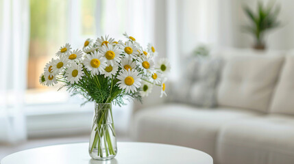 Close-up of daisy bouquet on white table in modern living room.
