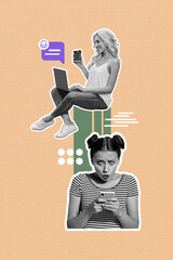 Fototapeta premium Composite sketch image artwork collage of beige color backdrop silhouette young friends woman conversation online chat type phone laptop