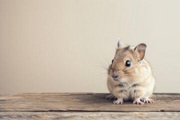 Obraz premium Cute Degu on Wooden Surface. A cute degu sitting on a wooden tabletop against a plain background with copy space.