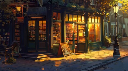 A quaint street corner with a vintage bookstore and a classic lamppost, bathed in the warm glow of the setting sun. - Powered by Adobe