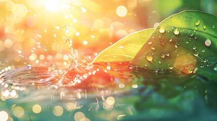 Spring natural background. Big drop of water with sun
