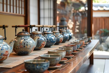 Portrait of a table set with traditional Japanese ta pots kept on a clean wooden table for text or a product background a traditional scenery, Generative AI.
