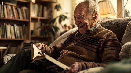Elderly man a laugh while looking at photo album