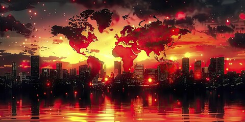 Fototapeta premium Economic Trends and Global Maps Overlay on Twilight City, perfect for online course visuals on global market dynamics.