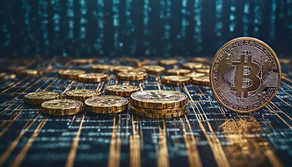 Close-up shot of coins on a digital background highlighting cryptocurrency and blockchain technology
