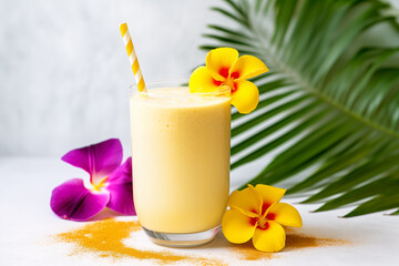 Simple short glass of banana juice, milkshake, milk smoothie, cocktail with eco drinking straw and summer theme decoration made of exotic flowers