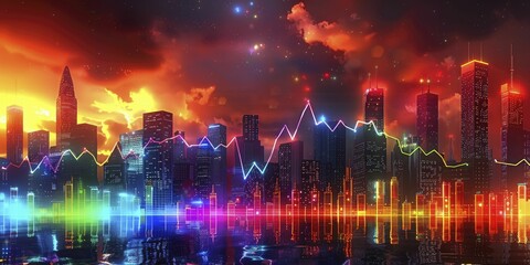 Financial Graphs and Maps on Twilight Cityscape, perfect for promotional posts in economic research.
