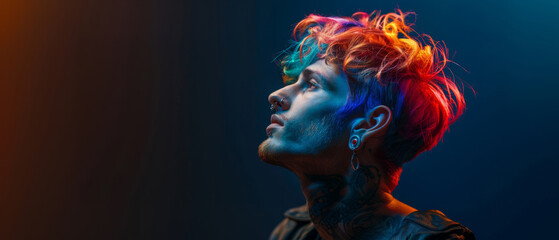 Informal punk man with dyed colored hair. Horizontal banner