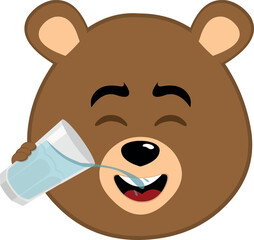 vector illustration face brown bear grizzly cartoon, drinking water glass