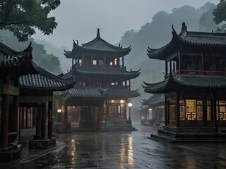 Fototapeta premium Shrouded in Serenity_A Rainy Day in an Ancient Chinese Town