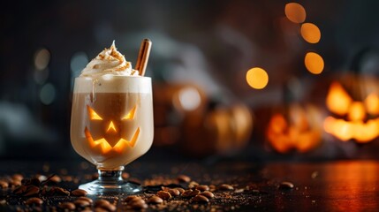 Cold Halloween cocktail with creamy topping, jack o'lantern face glowing against a dark background