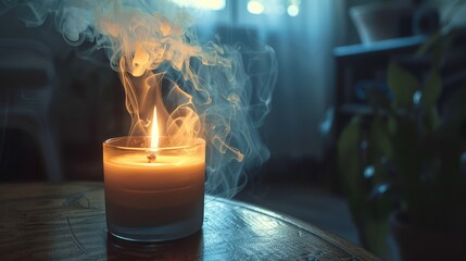 Wisps of smoke rising from a scented candle in a dimly lit room, creating a tranquil atmosphere