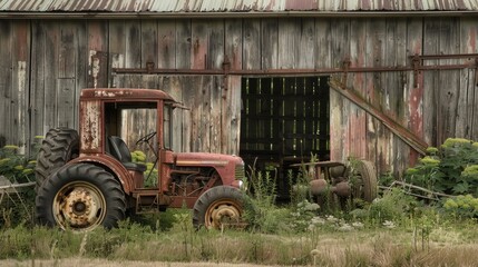 A rustic barn with weathered wood and a rusty old tractor.