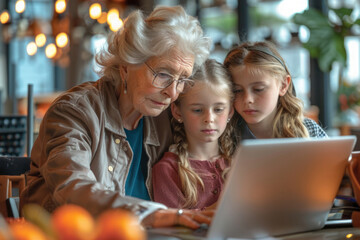 Grandmother with granddaughters working on laptop