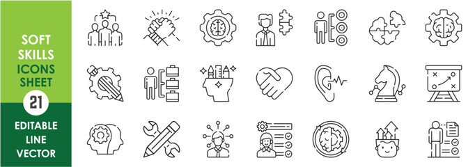 A set of line icons related to soft skills. Communicate, self development, skill development, leadership and so on. Vector outline icons set.