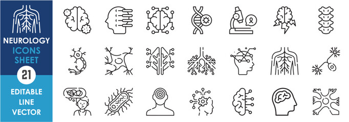 A set of line icons related to neurology. Brain, intelligence, nerves, nervous system, information, spine and so on. Vector outline icons set.