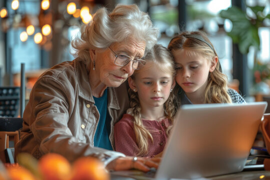 Grandmother with granddaughters working on laptop