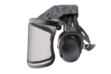 Visor with protective mesh and headphones on a white background. Hearing protection.