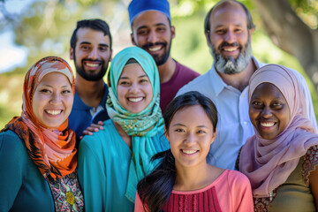 A group of diverse friends smiling brightly, showcasing unity and joy