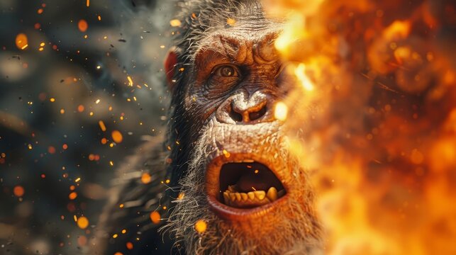 Depict the moment an ancient human accidentally creates fire by striking flint against steel, with surprise and awe on their face, Close up