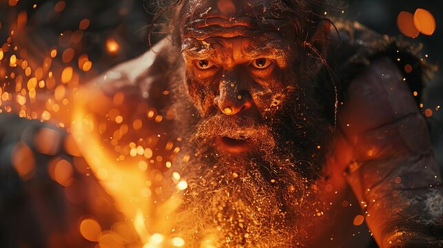 Depict the moment an ancient human accidentally creates fire by striking flint against steel, with surprise and awe on their face, Close up
