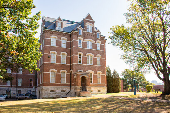 Nashville, TN - USA: Side view of Jubilee Hall on the Historic Black College campus of Fisk University. Full sun, blue sky
