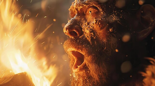 Depict the moment an ancient human accidentally creates fire by striking flint against steel, with surprise and awe on their face, Close up