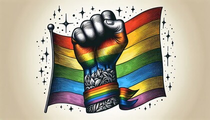 Illustration einer Faust mit Regenbogenflagge in Regenbogenfarben, copy space, LGBT, pride, CSD