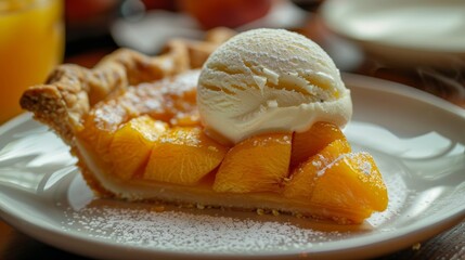 Close up, peach pie slice with perfectly melting vanilla ice cream, national day festival setup