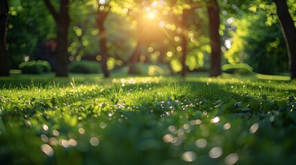 Beautiful blurred background of natural green grass and trees on the lawn under sunlight with bokeh in park. Summer landscape, nature background concept.
