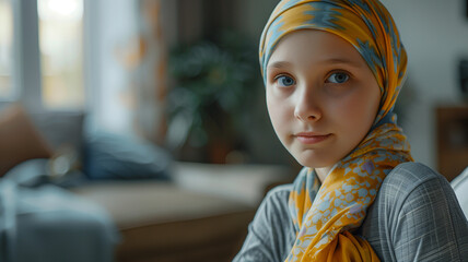 A child battling cancer, in the hospital room, in pediatrics. Portrait of the girl patient after chemotherapy. Bokeh in the background.
