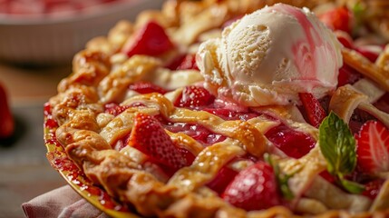 Close up of a freshly baked strawberry and rhubarb pie, golden crust glistening, melting vanilla ice cream on top, national day festival vibes