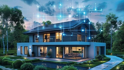 Smart home with glowing digital interface