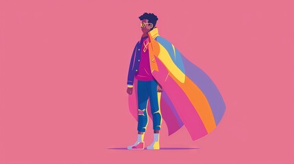 An illustration of a 2D flat style character representing bisexual pride, with a flag draped around their shoulders. The character stands against a clean background, highlighting the pride colors.